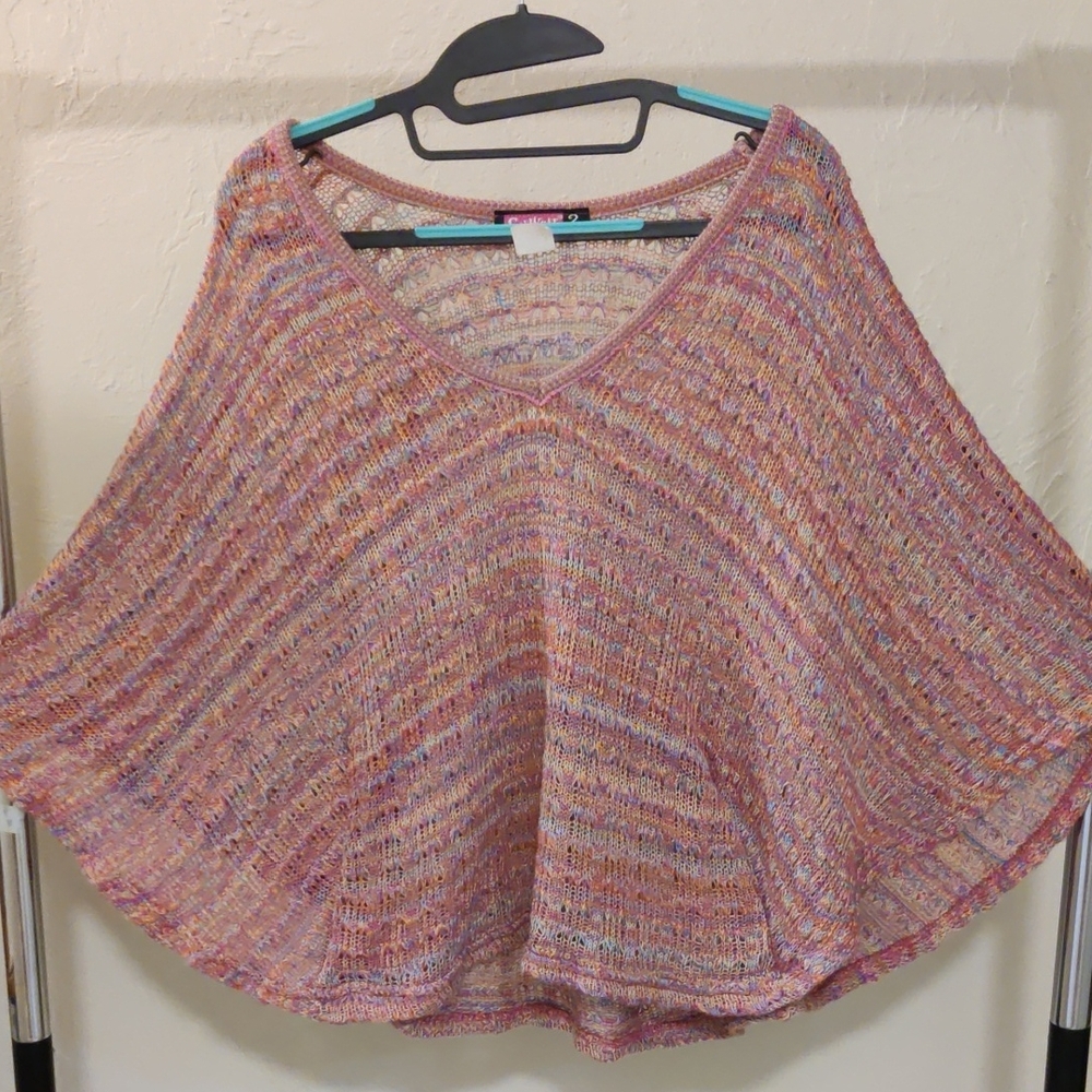 Say What? Boho Pink Multicolor V-Neck Knit Poncho Sweater Size XL